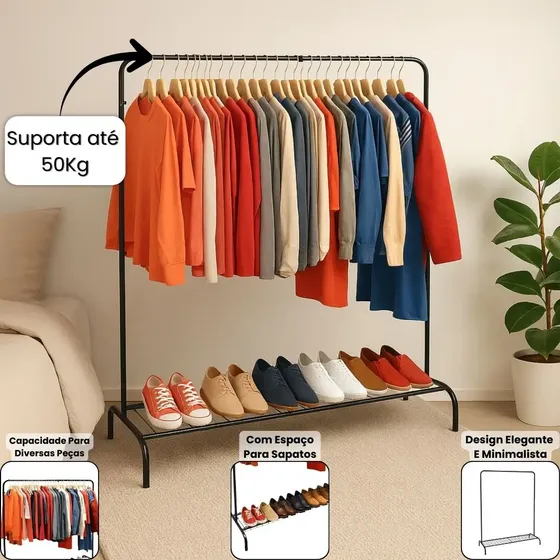 Cabideiro Arara De Roupas De Chão Com Sapateira Inclusa Moderno Loja Quarto Organizador Em Aço Suporta 50kg Preto
