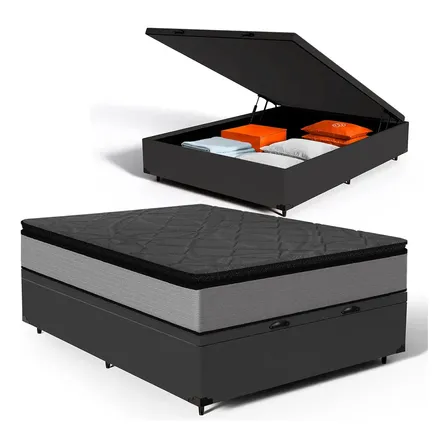 Cama Box Baú + Colchão Molas Ensacadas Pillowtop Vitta Casal Preto