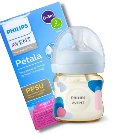 Mamadeira Avent Pétala Ppsu Azul E Rosa 125ml 0m+ Bico N°2 Azul E Rosa Decorada Tintas