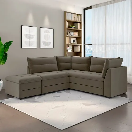 Sofá Modular De Canto 4 Lugares Luizzi Quebec Com Pufe Capuccino