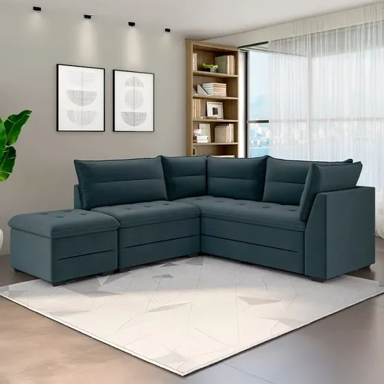 Sofá Modular De Canto 4 Lugares Luizzi Quebec Com Pufe Petrleo