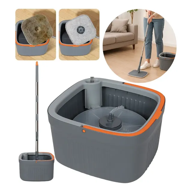 Mop Giratorio Agua Limpa Quadrado Compartimentos Separados Cor Cinza-escuro Import Poemme