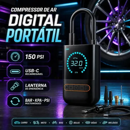 Compressor de Ar Portátil Digital Double Wise para Carro Moto Bike USB-C