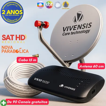 Kit Antena Parabólica + Receptor Vivensis Vx10 Digital Sem Mensalidade Canais Abertos +De 90 Canais, Satélite Claro Sky, Sathd, Nova Parabólica - REDD