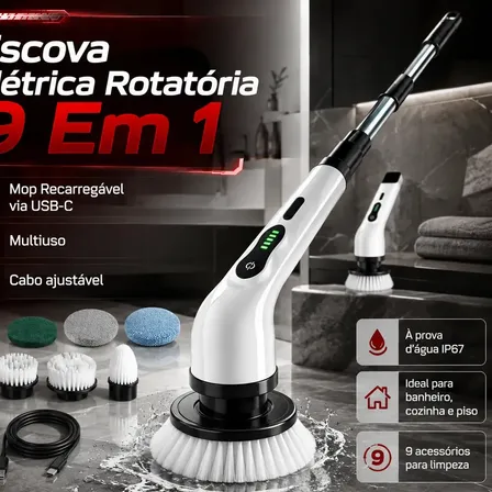 Escova Elétrica De Limpeza 9 Em 1 Recarregável Multiuso Portátil Rotatória Para Banheiro E Cozinha Branco