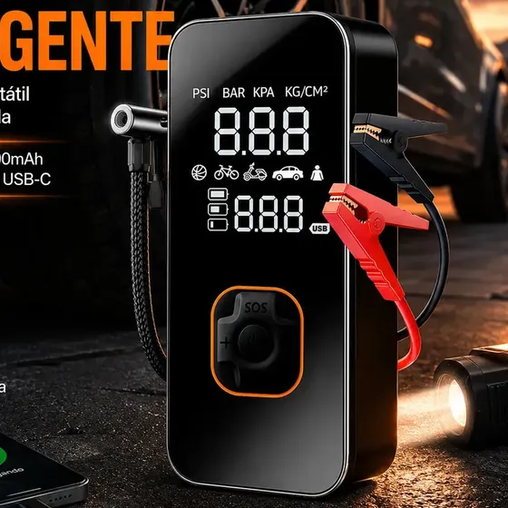 Compressor De Ar Leves Air Pump Auxiliar De Partida Veículos E Powerbank Compacto 18000 Rpm Para Pneus De Portátil Preto 127/220v 60 Hz Monofásica