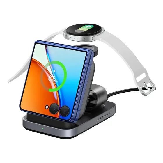 SwanScout 713F - 3 em 1 Carregador Sem Fio, Samsung Z Flip 7/7 FE/6/5/4/3, Watch 8 Classic/Ultra/FE/7/6/5/4 e Motorola Razr 60/50/40