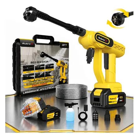 Rubrox Gt7 Lavadora Lava Jato Portátil Pressão 2 Baterias + Maleta 300W 12000mah Lavadora Portátil Bivolt Acessórios Inclusos Top Cor Amarelo Frequência 48V 50 Hz/60 Hz 55Bar 127/220V