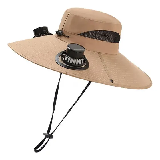 Chapéu Pescador C/ventilador Solar Duplo Alpinismo Camping Cáqui Un