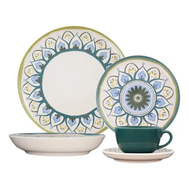 Aparelho De Jantar 20 Peças Flat Nisa Oxford Verde Azulado Amarelo Branco Florido
