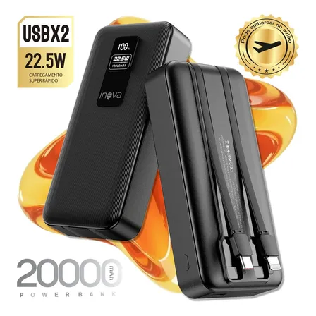 Inova Power Bank 20000mAh Carregador Portátil 22.5w Turbo Rápida Com Cabos LED Display Universal Para Celulares iPhone 17/16/15/14/13/12 Samsung Galaxy S24/S23/S22/S21/A55/A54 Motorola Moto G - Preto