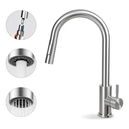 Torneira Monocomando De Cozinha Gourmet Flexível Para Mesa, Aço Inoxidável Escovado Prateado