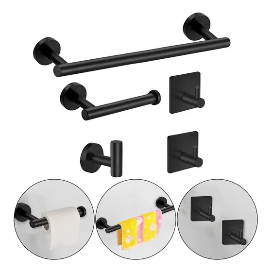Kit Acessórios Banheiro Preto Aço Inox Furação 5 Peças Winda Preto winda