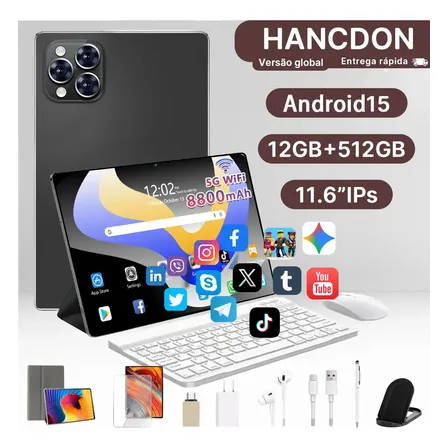 Tablet Hancdon Pro12Max de 11.6" com 512GB e 12GB RAM, Kit Completo Android 13
