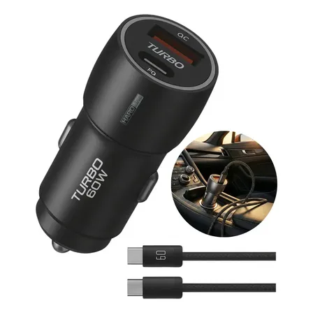 Kit Carregador Veicular Hardline 60W USB-A e USB-C com Cabo para Carro