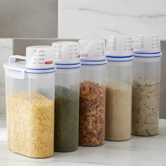 Conjunto 5 Potes Herméticos 2l Multiuso Dispenser De Armazenamento De Grãos Cereais Ração Sabão Com Copo Medidor E Bico Dosador Com Travas