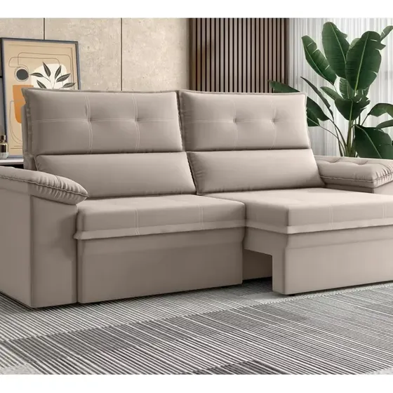 Sofá 3 Lugares Alaska 205cm Retrátil Reclinável Veludo Luizz Capuccino