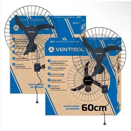 Kit 2 Ventiladores de Parede Ventisol Industrial 60cm Bivolt 200W para Ambientes Grandes
