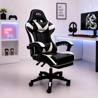 Cadeira Gamer Ergonomica Reclinavel Apoio Pes Almofada Branca Couro Sintetico Apoio Lombar Confortavel Altura Ajustavel Escritorio Oblivion Nienz Branco