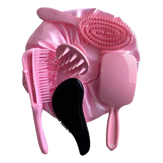 Kit 5 Escovas Raquete Polvo Magica Massageador Touca Cetim Rosa