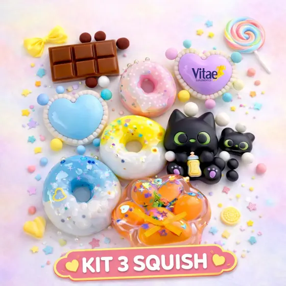 Kit 3 Taba Squishy Alívio Estresse Apertar Anti-stress Kawaii Tiktok De Apertar Gatinho, Chocolate, Donuts, Coração Sortidos Vitae S