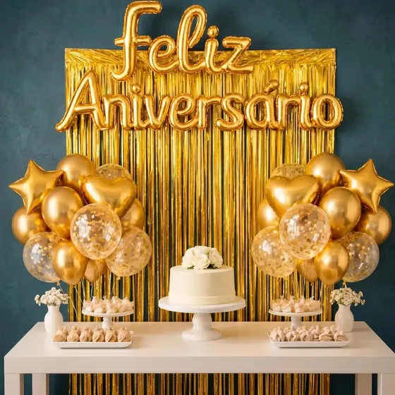 Kit Balão Feliz Aniversário Com 26 Peças Decoração Festa Cortina Letras Bexigas Dourado