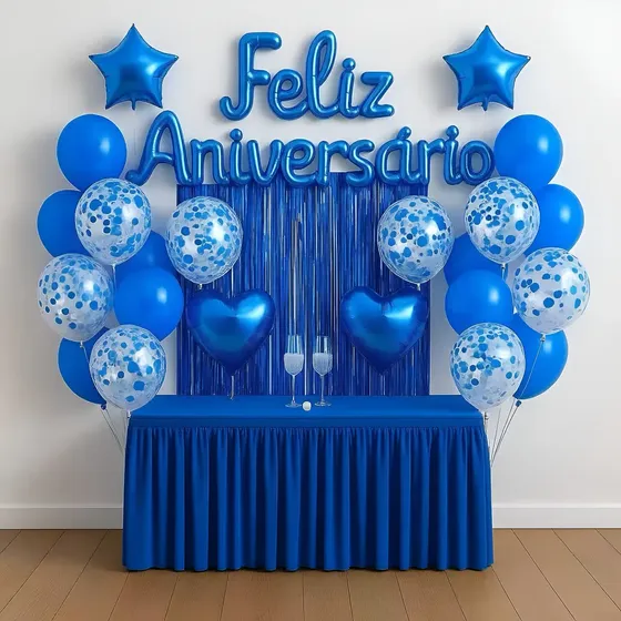 Kit Balão Feliz Aniversário Com 26 Peças Decoração Festa Cortina Letras Bexigas Azul