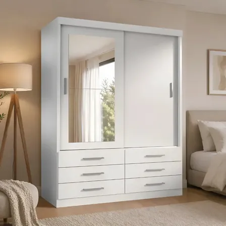 Guarda Roupa Solteiro Capri 2 Portas 6 Gav Com Espelho Cor Branco Branco