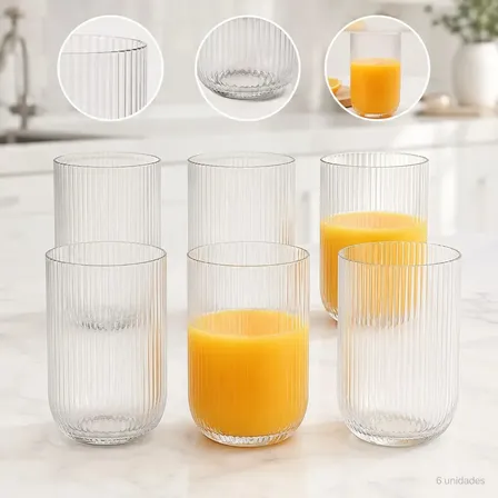 Jogo 6 Copos Vidro Canelado 423ml Luxo Elegante Mesa Posta Água Suco Drink Café Design Premium Copo Texturizado Resistente Moderno Conjunto Sofisticado Cozinha Bar Decoração Transparente