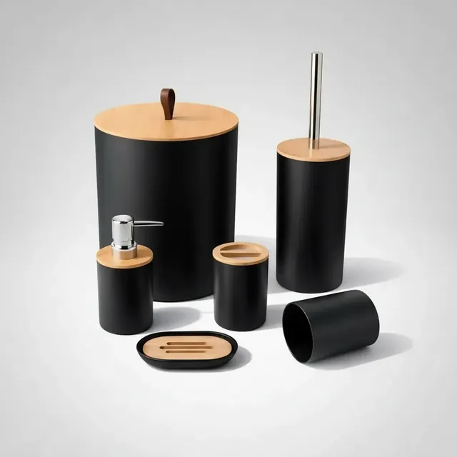 Kit Banheiro Acessórios Kit Banheiro Completo 6 Peças Tampa Fechada Copo Multiuso, Escova Sanitária, Cesto De Lixo, Porta Escova, Porta Sabonete Líquido, Saboneteira Dona Bego Cor Preto Sayonara