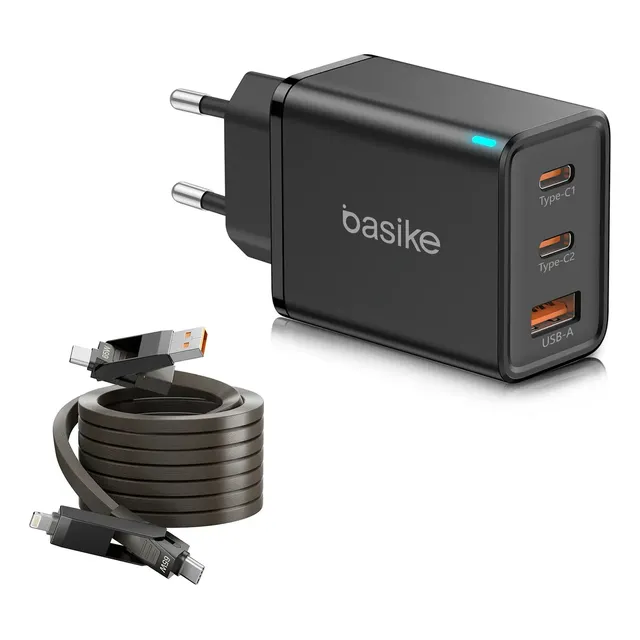Carregador Basike 65W USB/USB-C com 3 Portas e Cabo, para iPhone, Macbook e Samsung