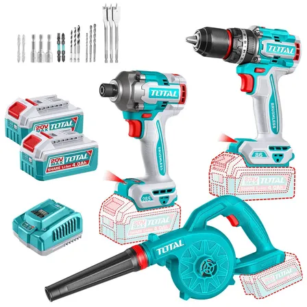 Kit sem fio total de 20 V: chave de fenda de 1/4 +batedor de 86 nm + ventilador - com 2 baterias de íon de lítio de 4,0 ah, carregador 4a, mechas e pontas - Tosli250883