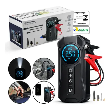 Auxiliar De Partida Com Compressor De Ar 150 Psi 12v 1200a 10000mah Calibrador Digital De Pneus 4 Em 1 Recarregável Para Carro Moto Suv Preto 3 127/220v 50 Mhz Monofásica