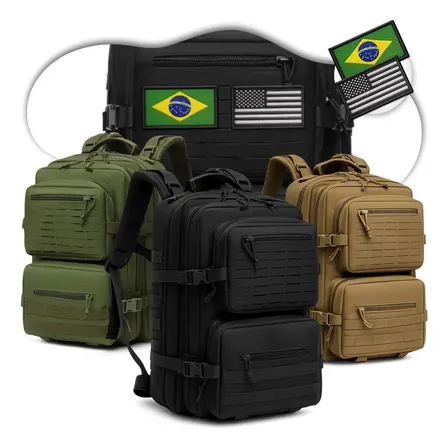 Mochila Tática Militar 50l Masculina Reforçada Impermeável Oxford 900d Ideal Para Trabalho Viagem Camping Caça Pesca Com 2 Patch Bandeira Brasil Eua Cor Preta Rincostar Preto Liso