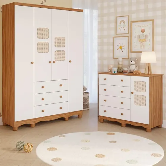 Quarto De Bebê Completo Guarda Roupas Cômoda 100% Mdf Telinha Amêndoa Com Branco