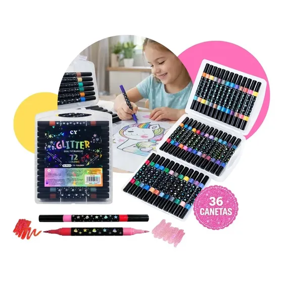 Canetinhas Glitter Estojo 36 Canetas Ponta Dupla 72 Cores Preto Glitter Gurumania Variadas