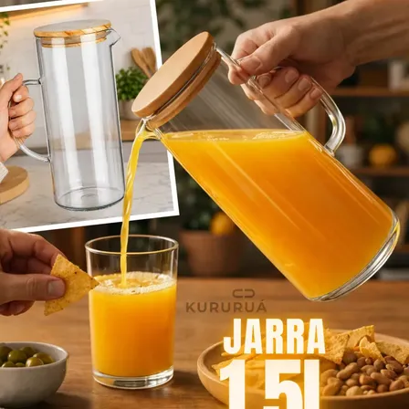 Jarra De Vidro Com Tampa De Bambu Hermética 1,5litro Cozinha Transparente Marca Kururuá