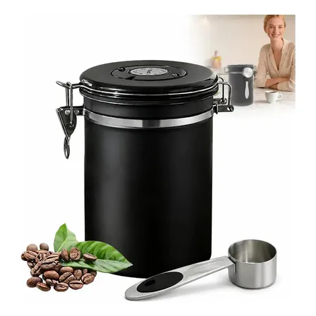 Pote Hermético Para Café Em Grãos Válvula E Com Colher 1,8l Preto Inoxidável Café Moído Açúcar Chá Cereais Pote Hermético