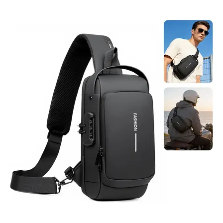 Pochete Masculina Antifurto Impermeável Com Usb E Senha Para Ombro Preto