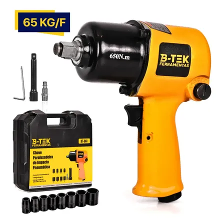 Chave De Impacto Pneumática 1/2 650nm 65kgf B-tek Bt-661 | Ar Comprimido Industrial Kit Soquetes Profissional Automotiva Torque Alto Amarelo