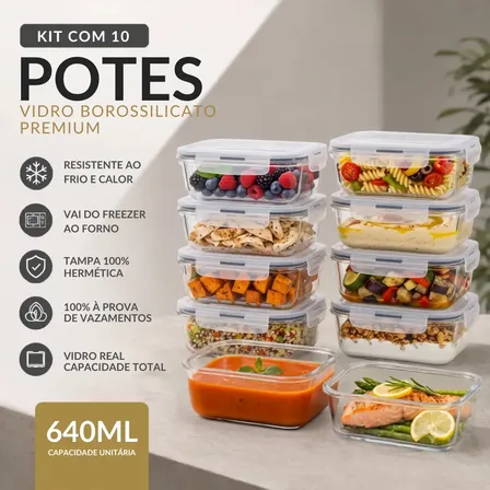 Kit 10 Pote De Vidro Marmita Hermético 640ml Freezer Fitness Thermex