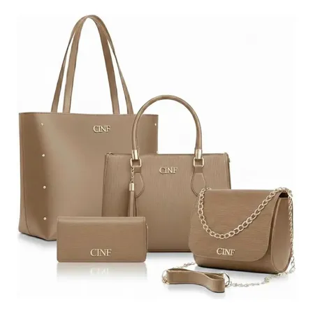 Kit Bolsas Feminina Sacola Transversal Tira Colo Carteira Cor Amendoa Liso Ouro Bege