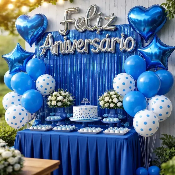 Kit Balão Feliz Aniversário 26 Peças Decoração Festa Letreiro Prata E Cortina Bexigas Azul