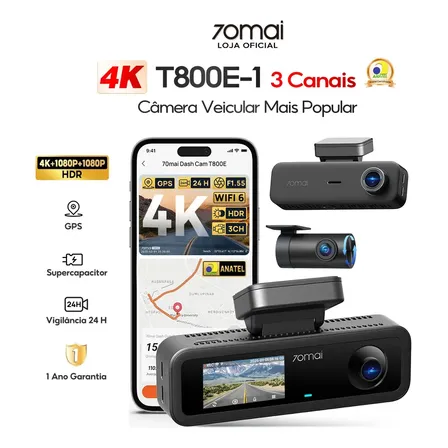 3 Camera Automotiva Veicular Carro 70mai T800E-1 4K+1080P+1080P Com GPS WiFi 6 APP Camera de Seguranca Veicular HDR Visão Noturna Uber/Taxi Vigilância 24H Camera Carro Supercapacitor Com ANATEL