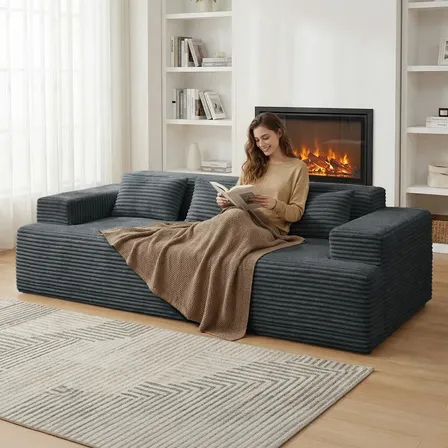 Sofá Moderno Reclinável De 3 Lugares, Sofá Longo De Espuma De 2.15 M Cinza Veludo Cotelê