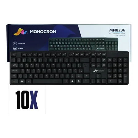 Kit 10 Teclados Monocron Mn8236 Usb Com Fio, Abnt2 Português Brasil Preto