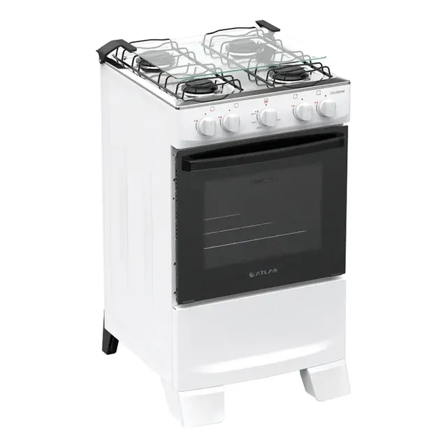 Fogão 4 Bocas Atlas Coliseum Plus Com Mesa De Inox Manual Branco