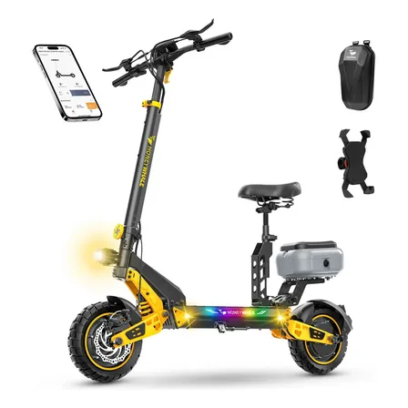 Honeywhale T4d Patinete Elétrico Adulto, 1300w*2-65km/h-65km, Scooter-eletrica-velocidade-autonomia-juvenil-dobrável, Suspensão Dianteira E Traseira, 11 Inch Pneus Tubeless, App Bluetooth Amarelo