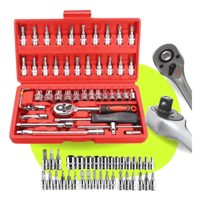 Kit Ferramentas Vlx Catraca Reversível Soquetes 46 Peças Maleta Crv Vermelho Vermelho