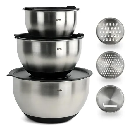 Kit 3 Bowls Tigelas Grandes De Aço Inoxidável Com Tampas Hérmeticas E 3 Discos De Corte De Inox Para Ralar E Fatiar -... Prateado